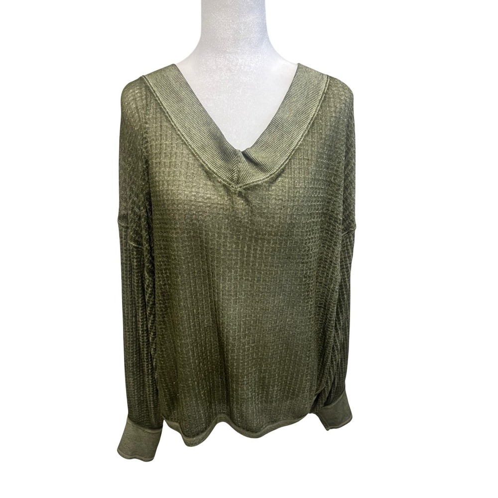 Free People We The Free Thermal Top V-Neck Olive Green‎ Sz M Soft Girl Cozy